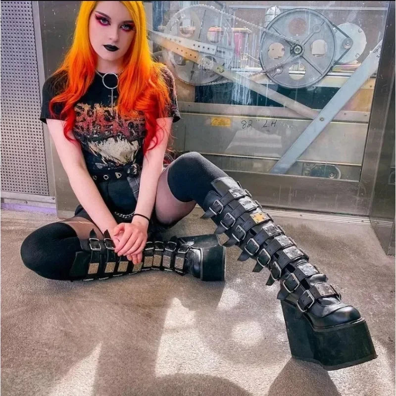 Manufacturer   Women Boots Cosplay Ladies High Heel Platform Wedges Women High Boots Gothic Buckle Strap Long Tube Leather Female Boots Plus Si   boots