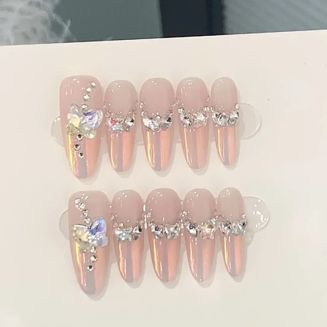 10Pcs Handmade Press on Nails Pink  Aurora Diamond Rhinestones Design Pink Almond False Nails Wearable Manicure Nail Tips Art