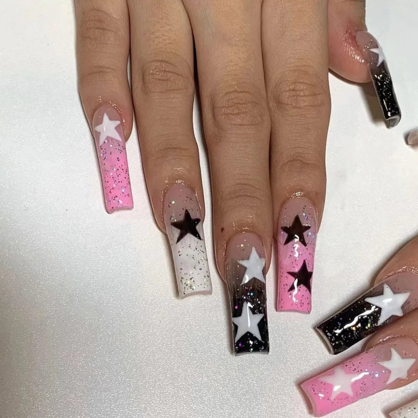 24pcs Y2k Summer Sea Blue Gradient Fake Nails With Water Ripples Designs Long Square Coffin False Nails Set Press On Nail Tips