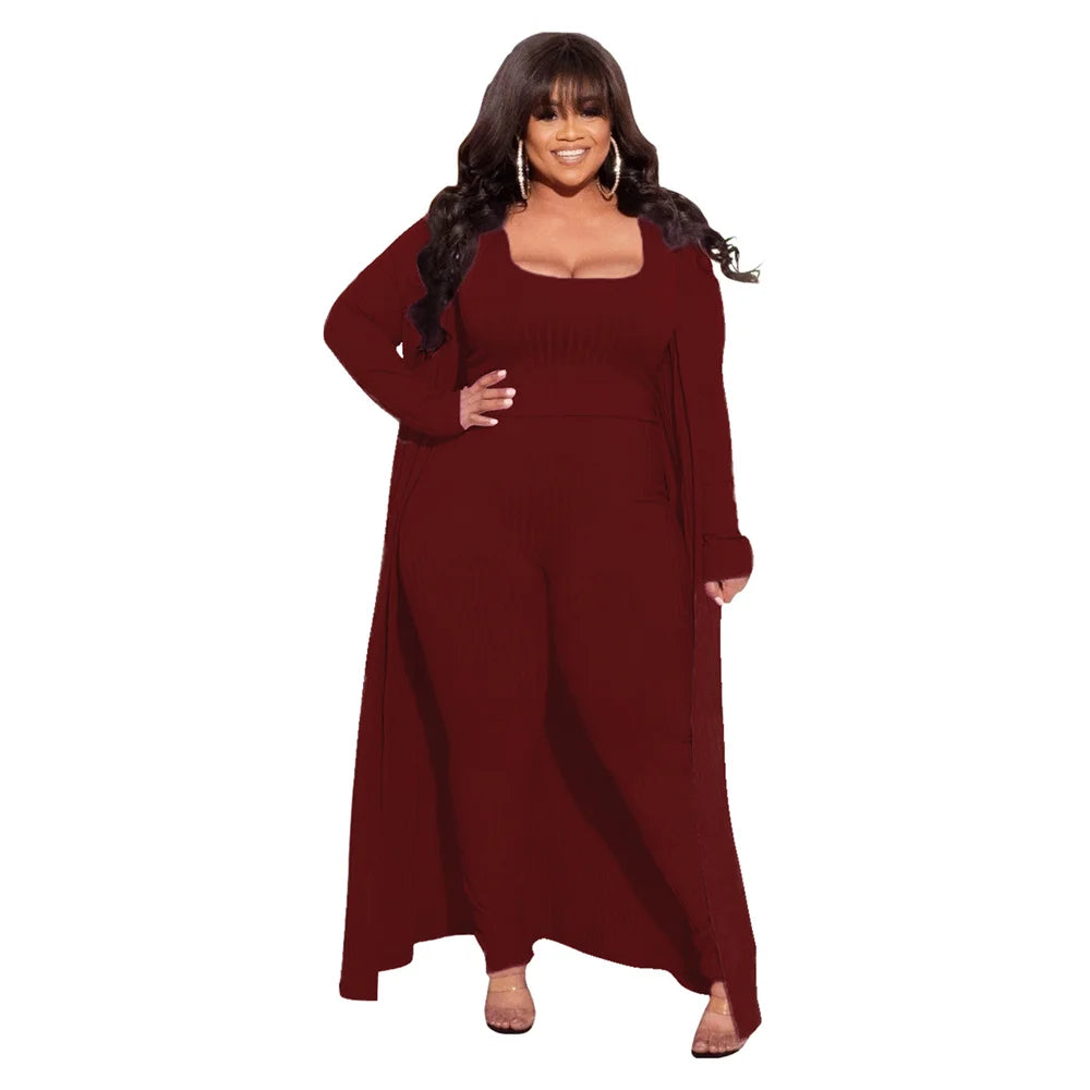3 Piece Women Outfits Sets Sexy Square Collar Tops+long Coat Tight Pants Solid Color Fashion Plus Size Clothing Wholesale  suits