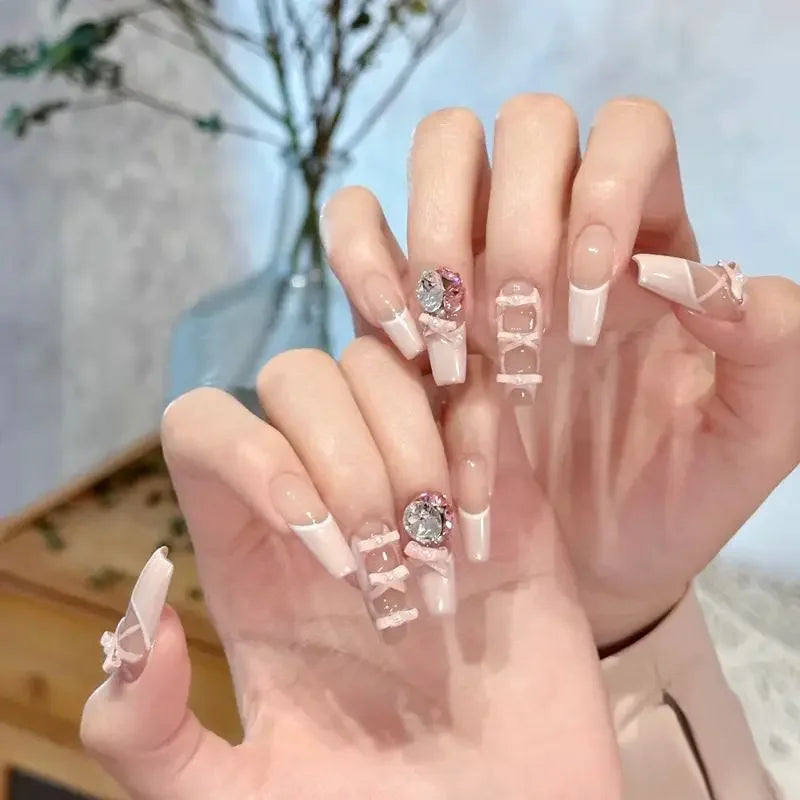 24Pcs Ballet Square Pink Press on Bow Nails 3D Flower with Bandage Design French Nail Tips for Women&Girls Daily,Spring wear