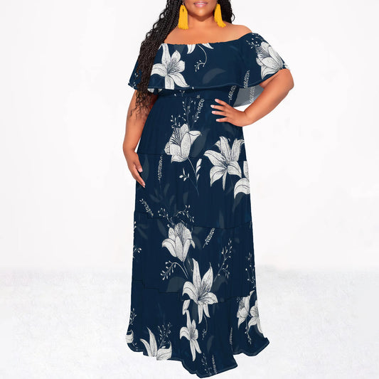 Womens Off The Shoulder Dress Summer Casual Long Ruffle Party Side Split Beach Maxi Dresses with Pockets
