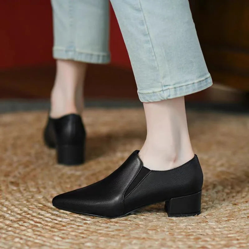 Manufacturer  New Women's British Style Leather Shoes - Retro Chunky Heel Pointed-Toe Pumps, Low-Cut Dress Shoes for Office & Daily Wear   Pumps