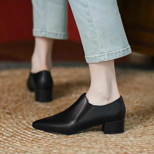 Manufacturer  New Women's British Style Leather Shoes - Retro Chunky Heel Pointed-Toe Pumps, Low-Cut Dress Shoes for Office & Daily Wear   Pumps