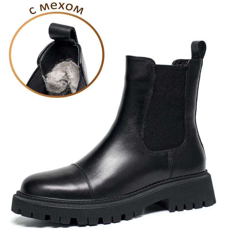 Manufacturer   Boots Platform Women Cow Leather Chelsea Boots Round Toe Elastic Band Thick Sole Ladies Shoes Handmade    boots