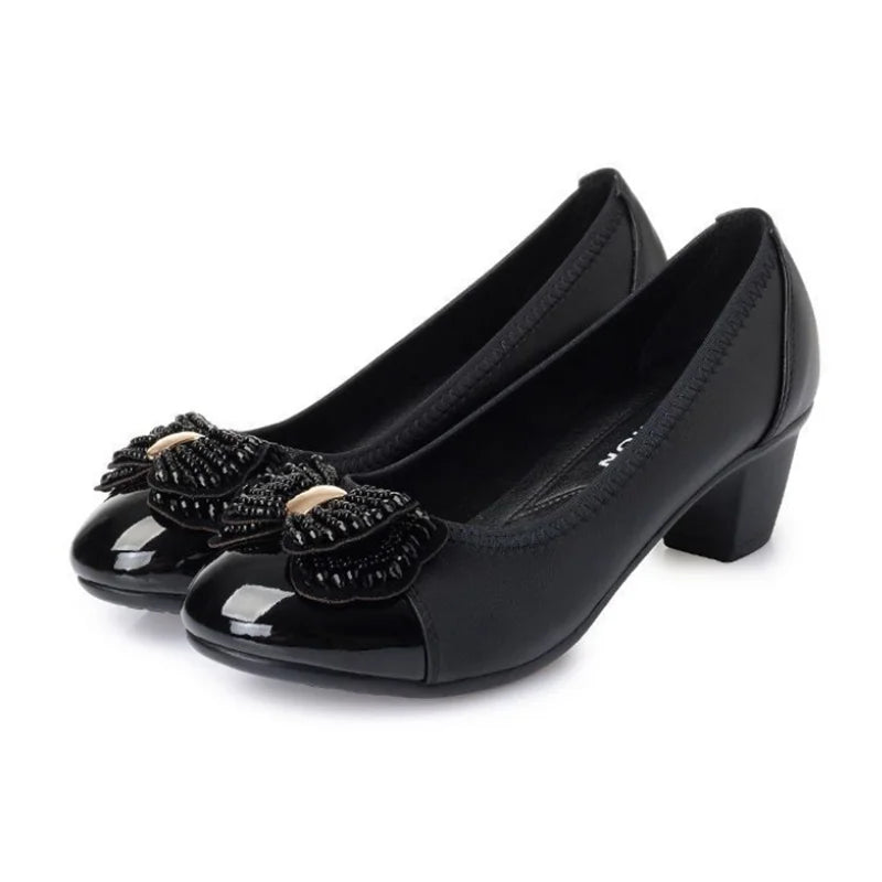 Manufacturer   Zapatos De Mujer Women Classic Round Toe Black Bow Tie Slip on Square Heel Pumps Lady Sexy Party & Office Stylish High Shoes A30   Pumps