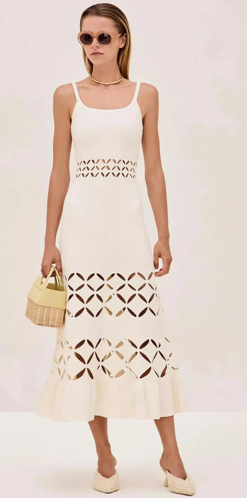 Women Sexy Strapless Sleeveless Cut Out Pure White Slim Long Knit Suspender Dress