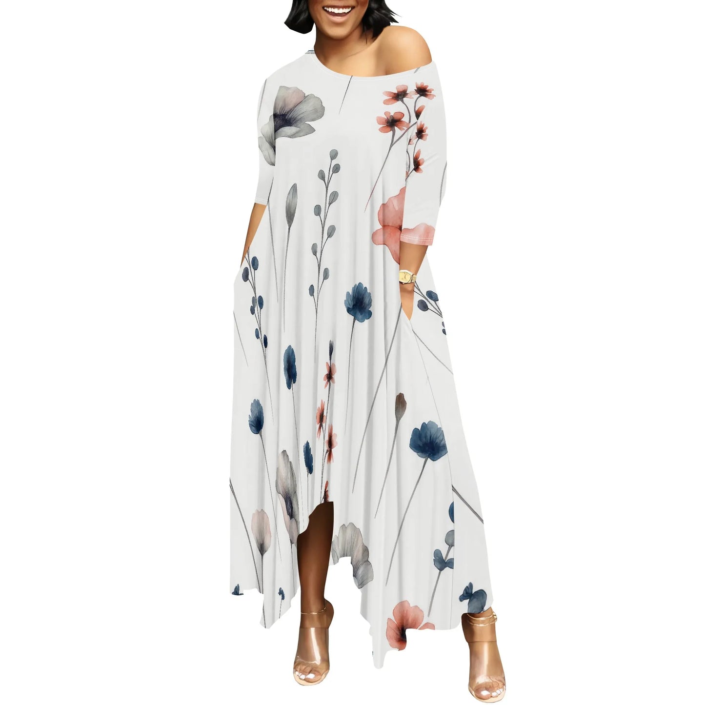 Women One Shoulder Sleeve Printed Dress High Waist Split Party Cocktail Long Dress