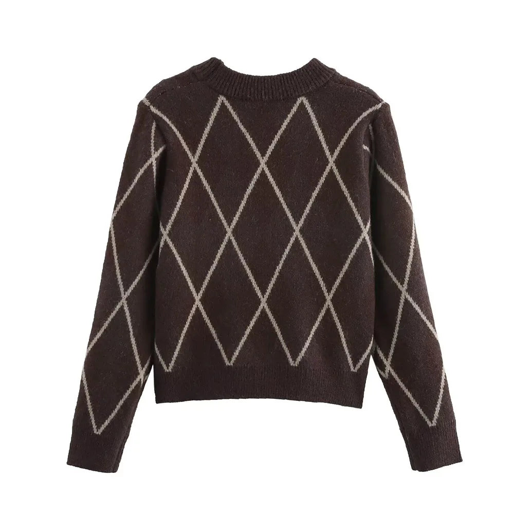 Spring Diamond stripe design lapel Pocket design Casual Chic Cashmere Sweater Winter Comfort knitwear Female Long Sleeve