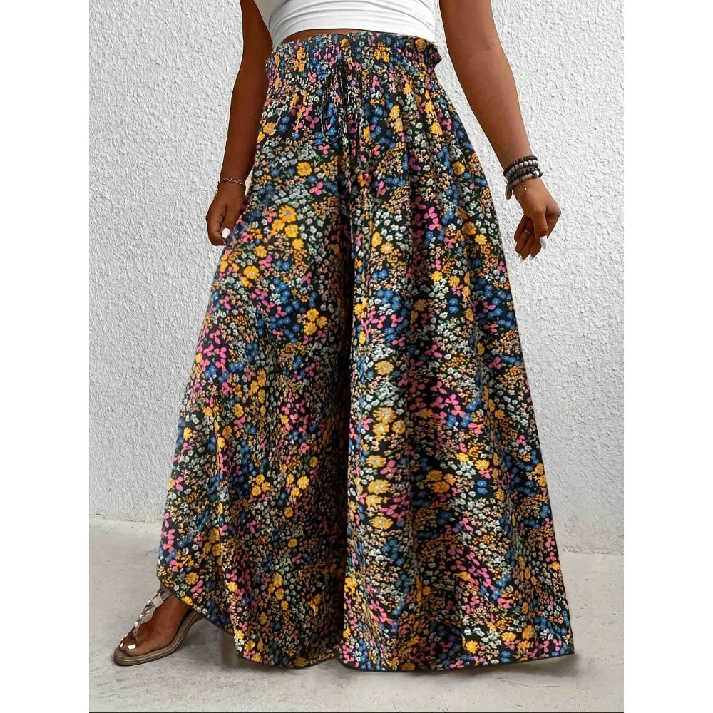 Plus Size 1XL-5XL Women Fashion Floral Print Wide Leg Pants Female Casual  Elegant Drawstring High Waisted Loose Long Trousers dress