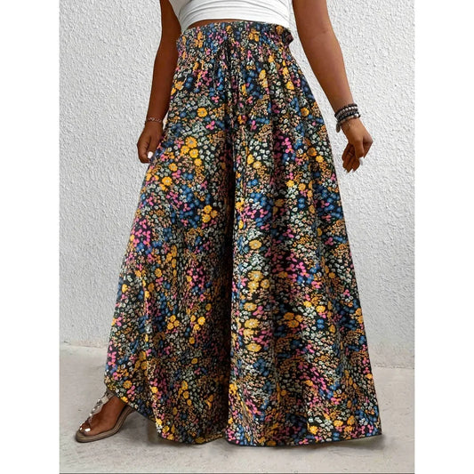 Plus Size 1XL-5XL Women Fashion Floral Print Wide Leg Pants Female Casual  Elegant Drawstring High Waisted Loose Long Trousers dress