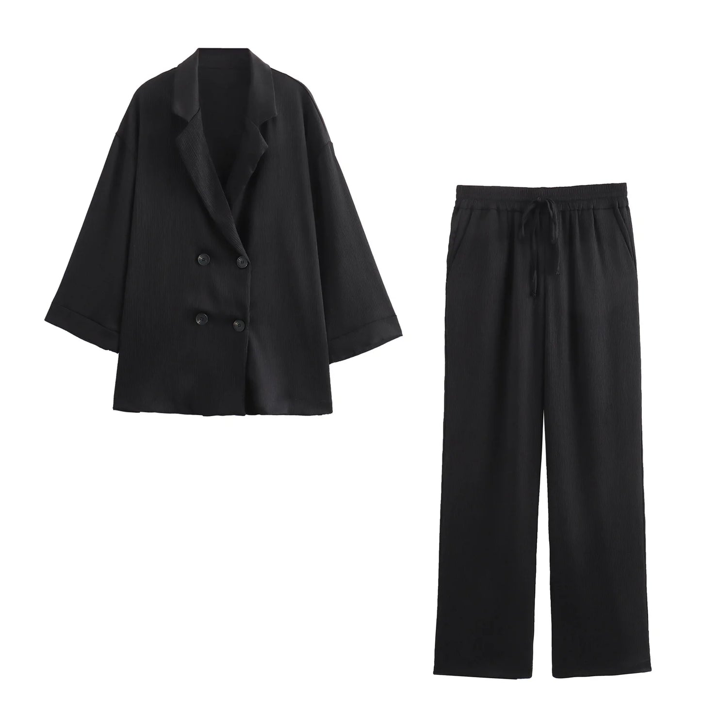 Autumn Women Casual Blazer Coat Pants Set Long Sleeve Double Breasted Blazer + Wide Leg Trousers Lady Office Outfit