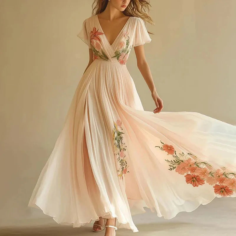 Woman Sexy V Neck Short Sleeve Long Robe New Summer Elegant Printed Pattern Folds Party Dresses Retro High Waist Boho Dress