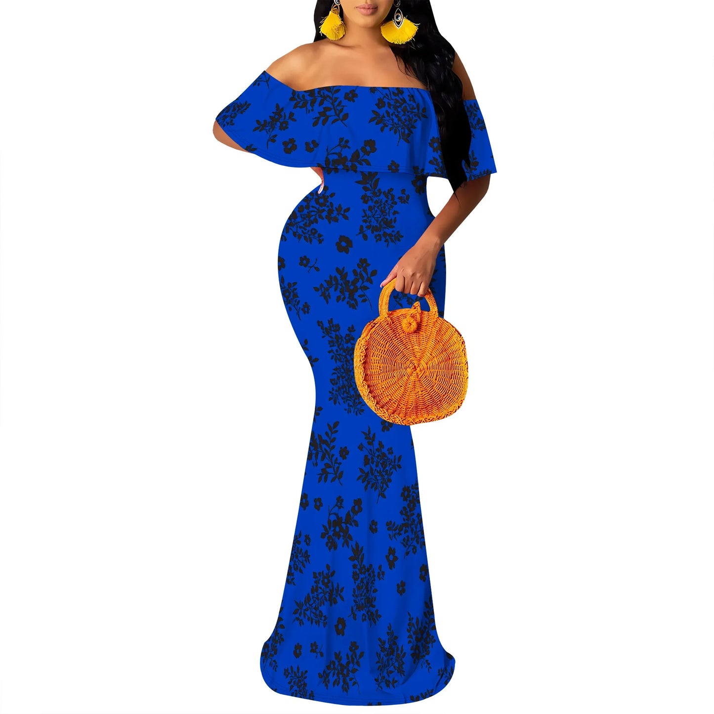 Women's Maxi Bodycon Off The Shoulder Dress Short Ruffle Sleeves Strapless Long Boho Dress Cocktail Party Wedding Dress