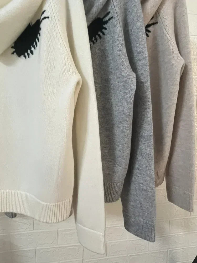 Women Hooded Sweater Heart-Shaped Letter Jacquard 100% Cashmere 3 Colors Casual Autumn Winter Lady Jumper