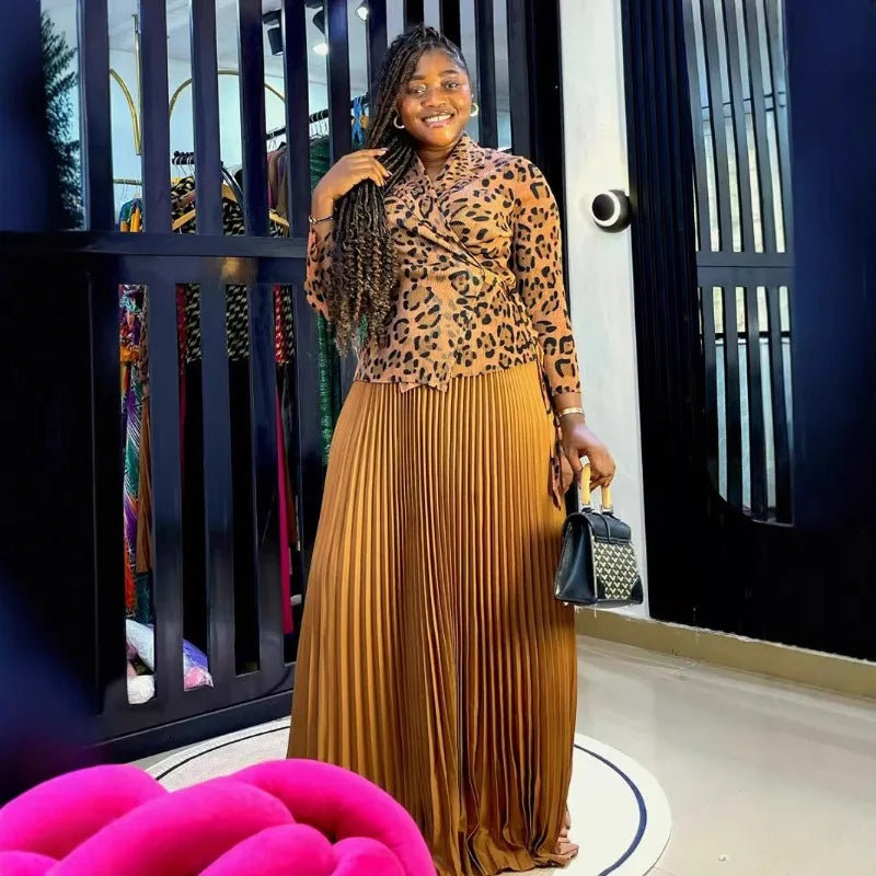 African Plus Size Women's Dresses Miyake Pleated Printed Long Sleeve Tops Pleated Long  Simple Loose Middle East Prom Dresses