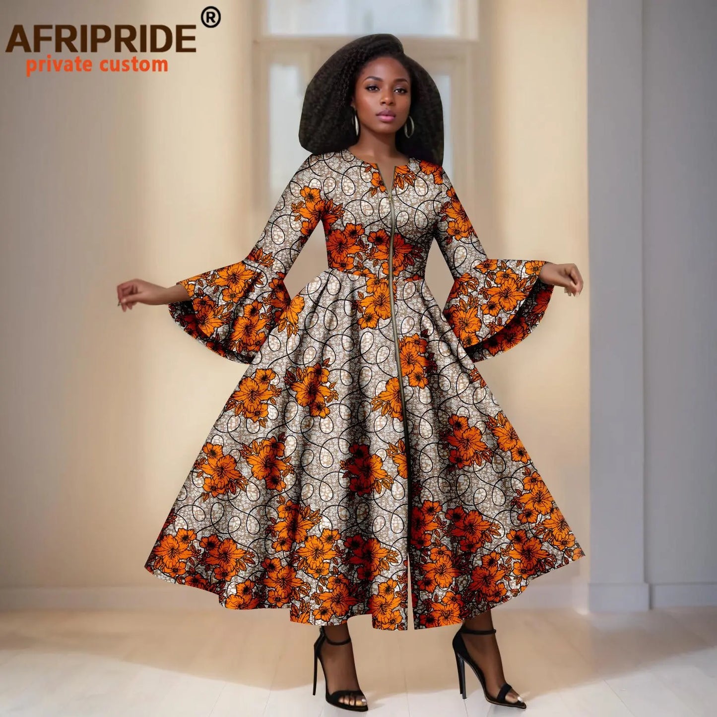 African Print Dresses for Women Flare Sleeve Elegant Zip Maxi Dress Party Attire for Lady Dashiki Long Dress