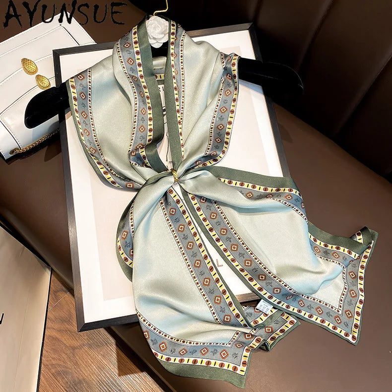 AYUNSUE, 100%Pure Slik Elegant Kerchief, 150cm Retro Printing, Mom Gift Commute Versatile Scarf,  Summer Autumn A465130QC