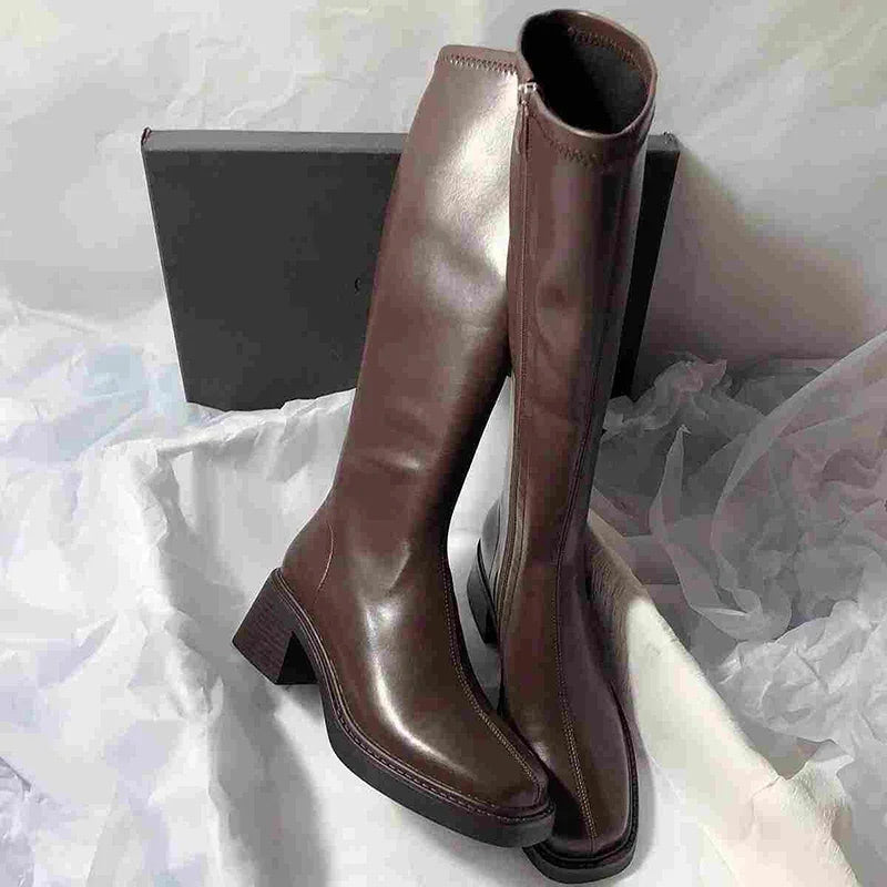 Manufacturer   Vintage Thick Heel Women Knee High Boots Fashion Side Zippers Shoes Autumn Winter Ladies Concise Long Botas De Mujer   boots