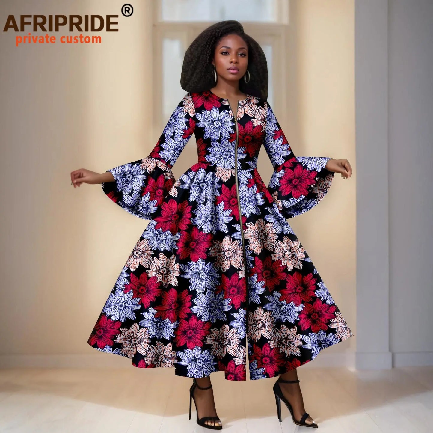 African Print Dresses for Women Flare Sleeve Elegant Zip Maxi Dress Party Attire for Lady Dashiki Long Dress