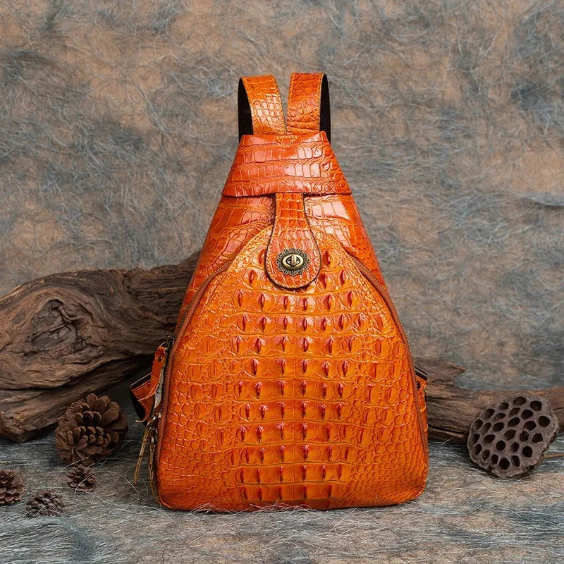 Vintage Pressed Flower Crocodile Pattern Handmade Leather Backpack Multi-Purpose Chinese Style Double Shoulder Bag For Live Broa