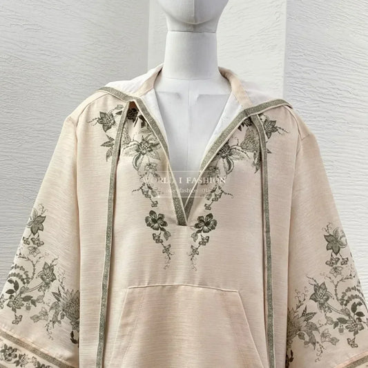 New Fashion Beige Long Sleeve Hooded Peacock Floral Print Loose Midi Dress