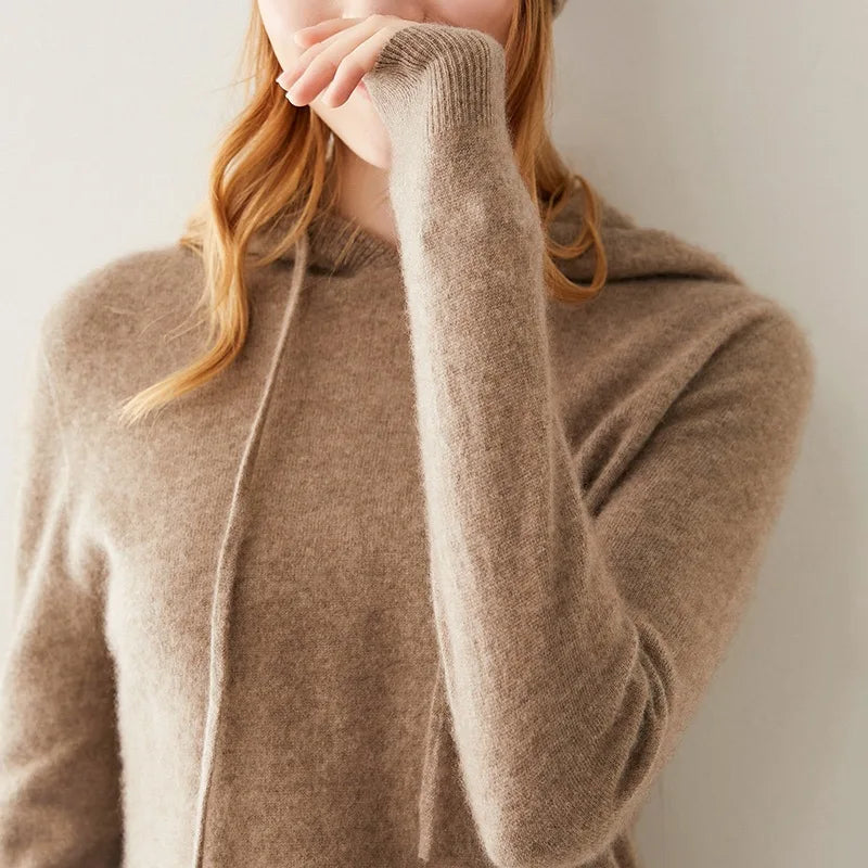 Seamless Real Cashmere Pullovers Sweater Autumn Winter Women 100% Cashmere Knitted Hooded Knitwear Casual Long Sleeve Jumper