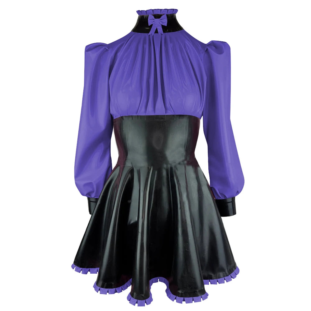 Plus Size High Neck Bow Patchwork Black Faux Latex Mini Dress Women Long Sleeves Slim Fit Ruffled A-line Dress Cocktail Gown