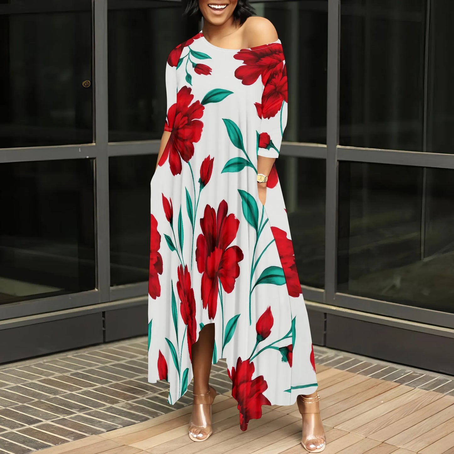 Women One Shoulder Sleeve Printed Dress High Waist Split Party Cocktail Long Dress