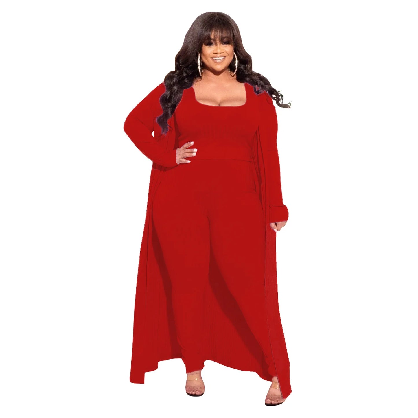 3 Piece Women Outfits Sets Sexy Square Collar Tops+long Coat Tight Pants Solid Color Fashion Plus Size Clothing Wholesale  suits
