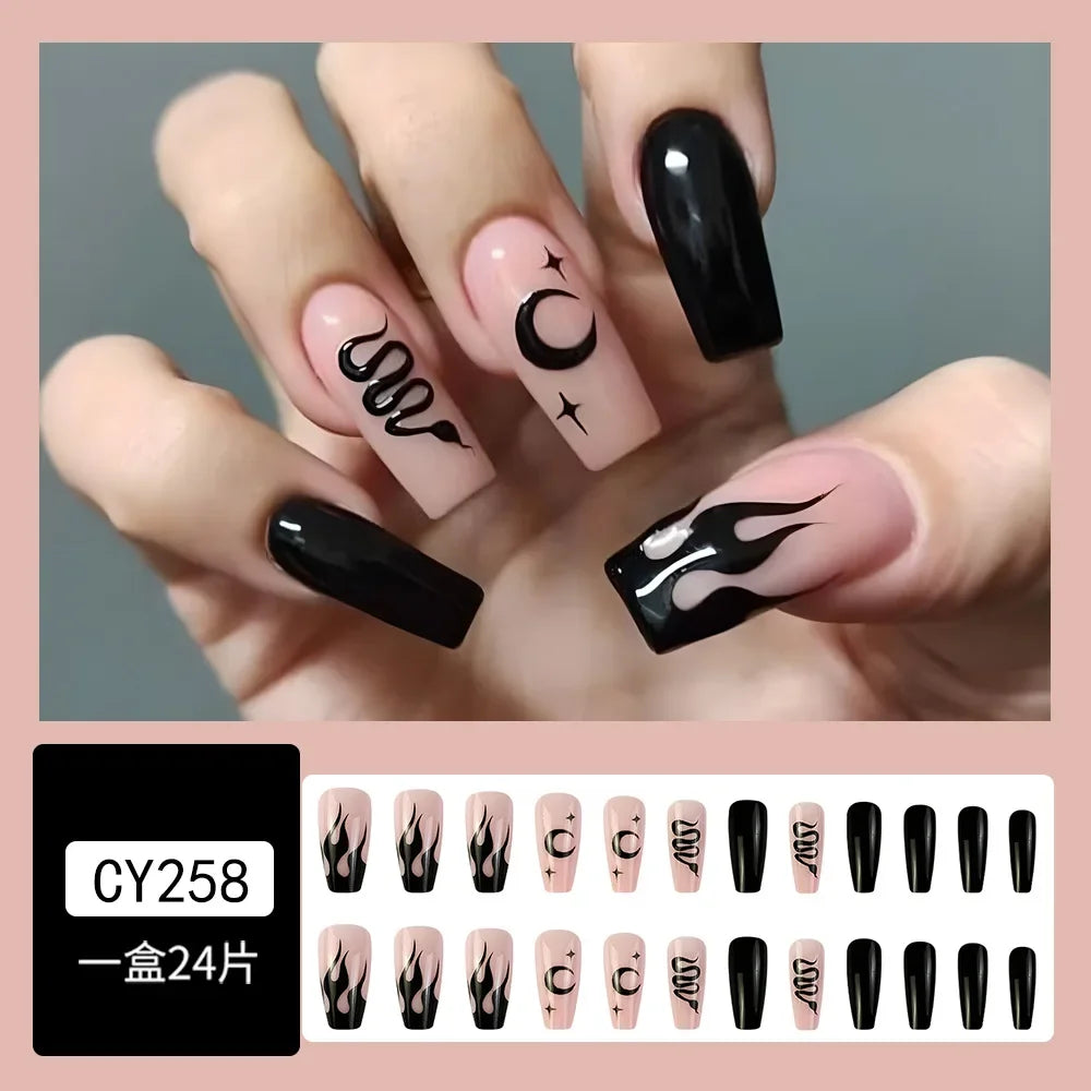 24Pcs Halloween Black Ghost Long Ballet False Nails Wearable French Ballerina Fake Nails Press On Full Cover Manicure Nail Tips
