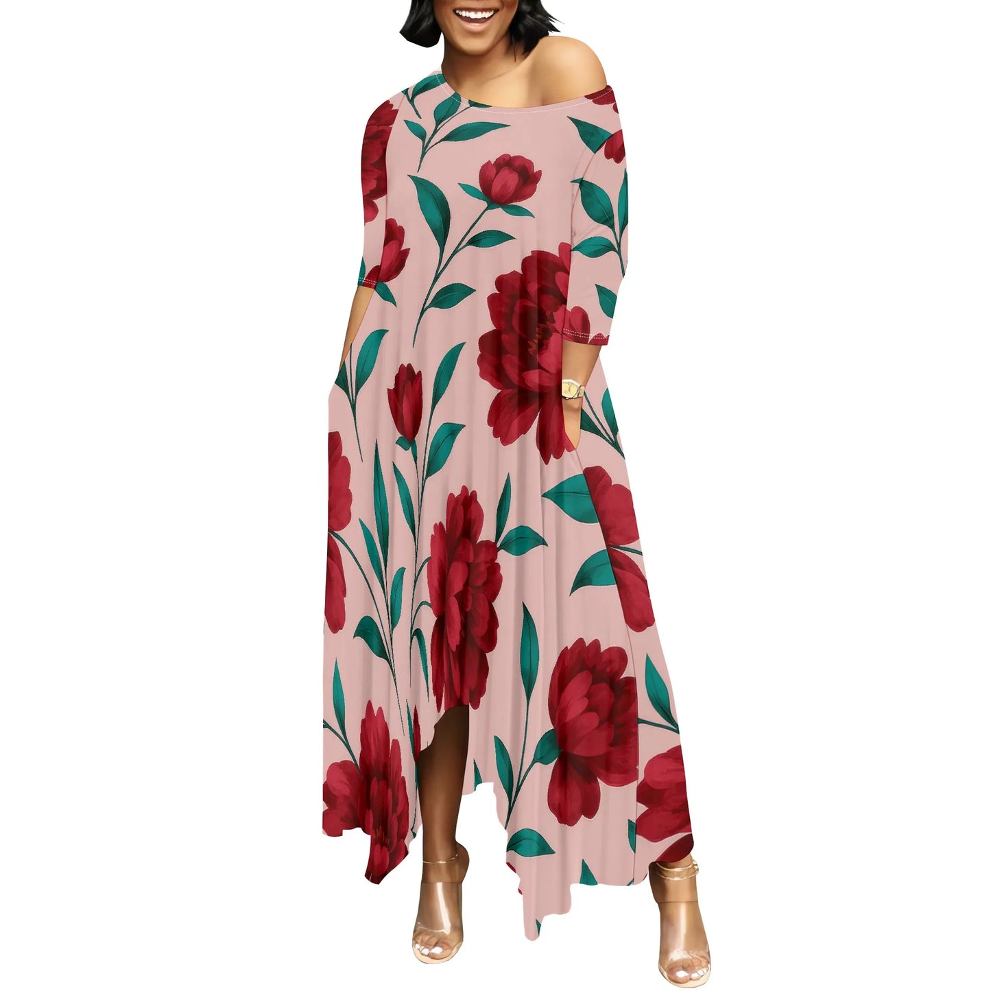 Women One Shoulder Sleeve Printed Dress High Waist Split Party Cocktail Long Dress