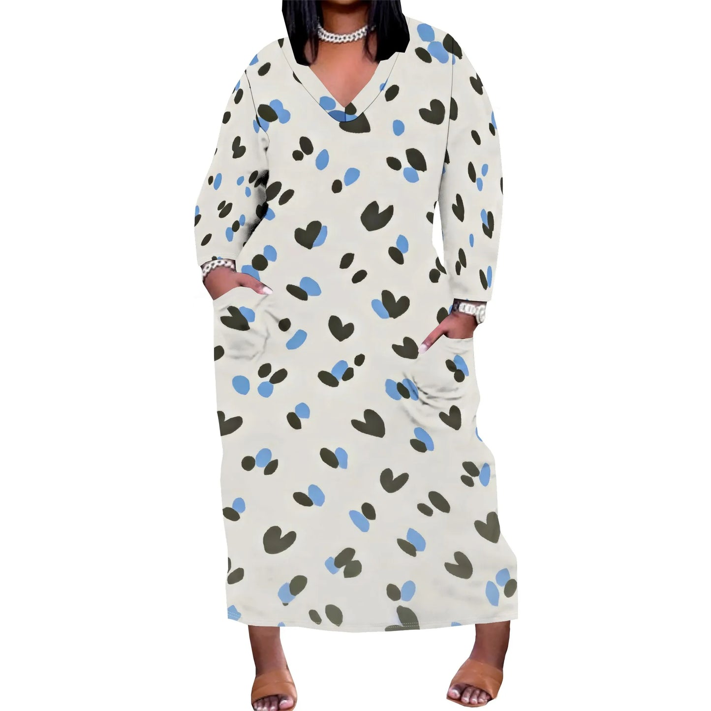 Women's Long Sleeve Plus Size Polka Dot Print Maxi Dress V Neck with Pockets Dress Loose Casual Autumn Outfit