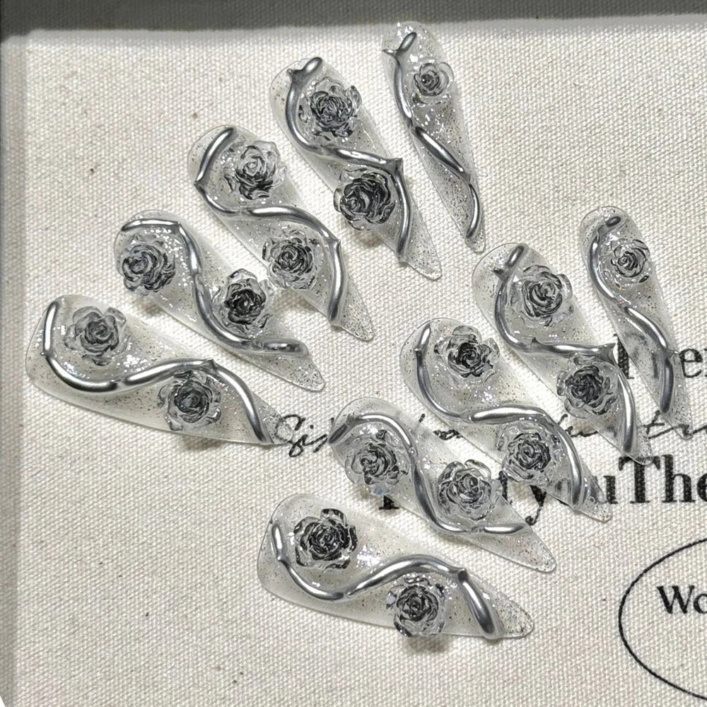 5set False Nails with glue rose design Long Coffin french fake nails full cover nail tips press on nails Bulk Wholesale/Custom