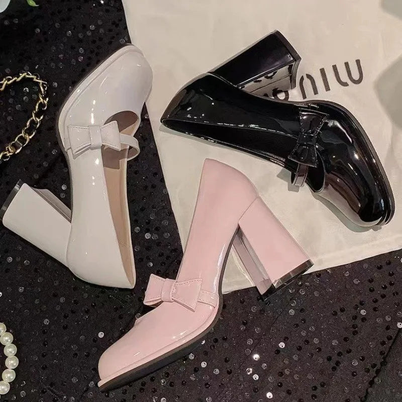 Manufacturer   New pink pointed-toe high-heeled shoes Women's  spring sweet and fashionable bow-shaped open-toe thick-soled Mary Jane shoes   Pumps