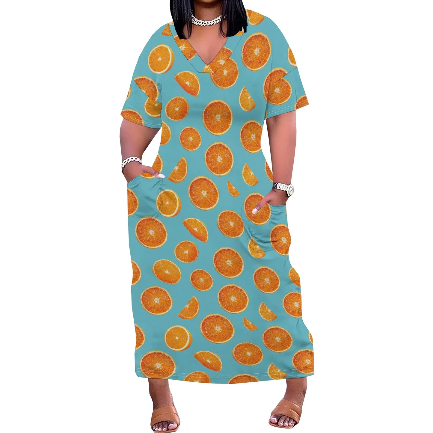 Women's Plus Size African Print Dresses Casual Loose Pocket Short Sleeve Long Maxi Dress