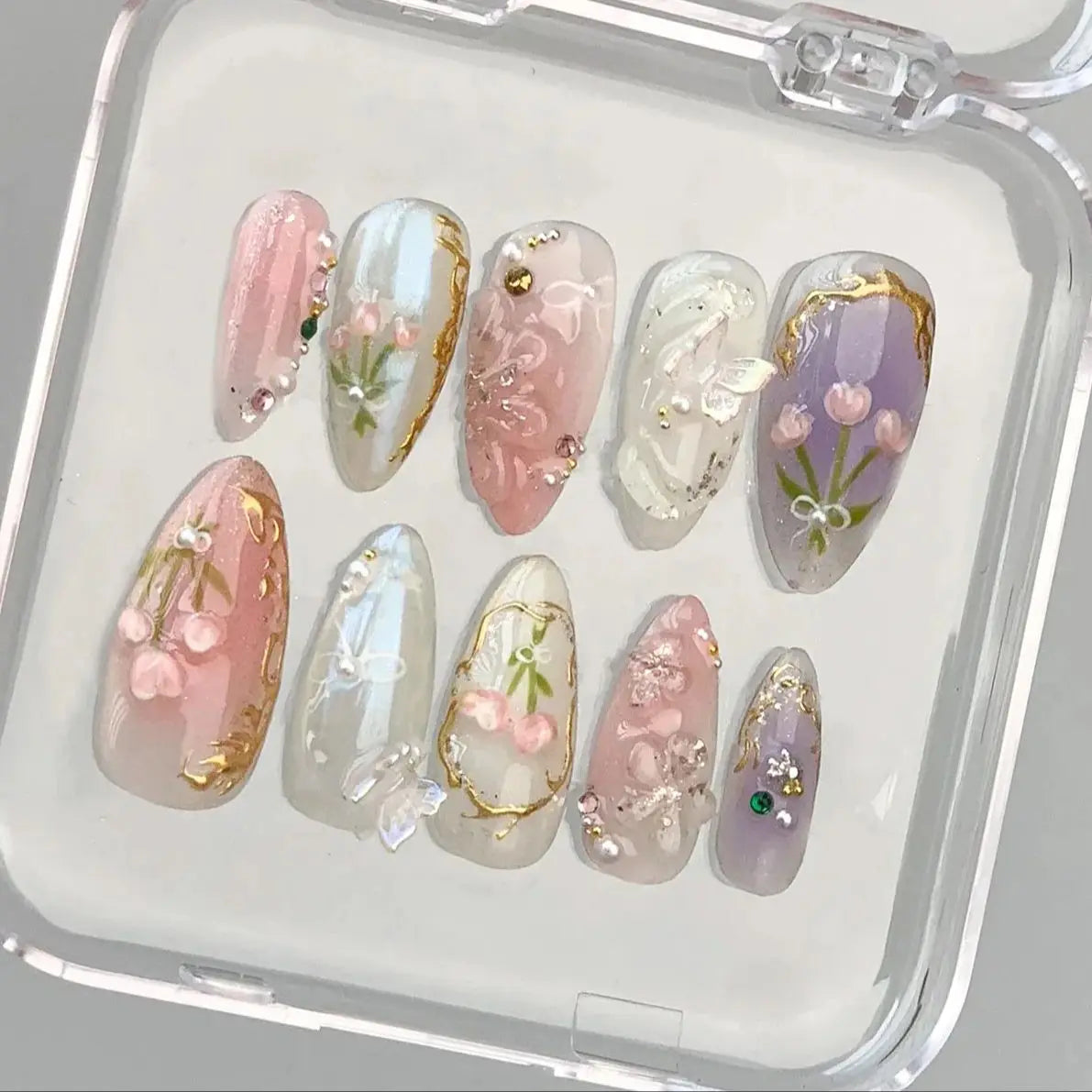 10PCS Handmade Spring/Summer press on nails Ballet Ribbon Blush Bloody Plaid Diamond Adam Mitchel Lambert Stick ons