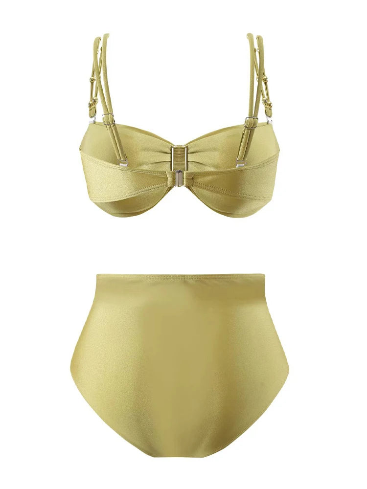 Solid Color Women's Bikinis Trend  Sexy High Waisted Split Swimsuits Elegant Backless Beach Outfit with Cover Up Nylon Skirt