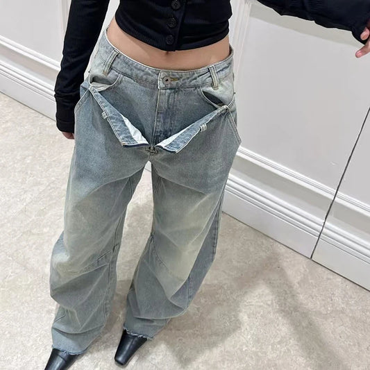 Women's Jeans, Double Waistband Washed Scimitar Work Pants, High Quality Cotton Wide Leg Pant  New, y2k