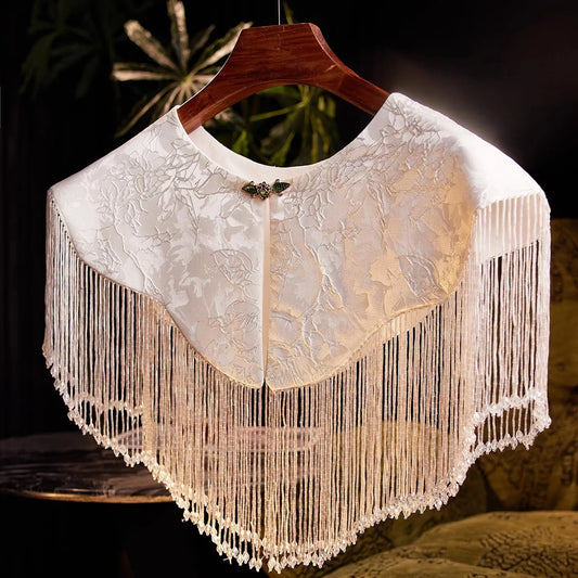 Women's Vintage Embroidery Jacquard White Tassel Pashmina Female Autumn Winter Chinese Style Show Shawl Cloak Collar scarf