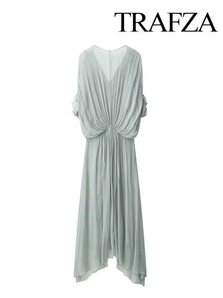 TRAFZA Women's Summer Fashion V-neck Pleated Decoration Short Sleeve Mid Dress Female Elegant Backless Solid Sexy Long Dress