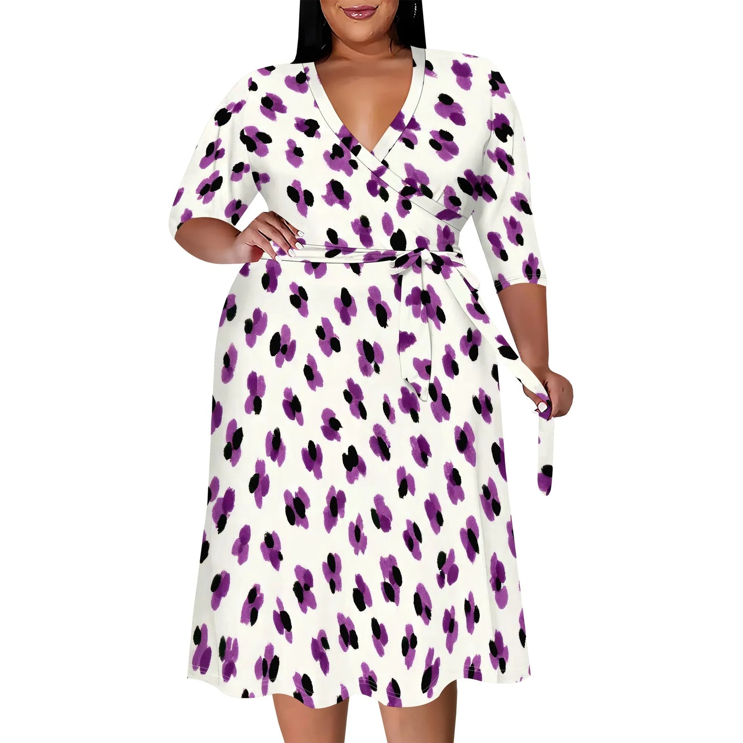 Women's Floral Print Maxi Dresses Summer with Pockets Casual 3/4 Sleeve V-Neck Wrap Tie Waist Long Dress