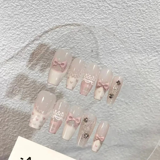 Spring Summer Sweet Sexy Handmade Wear Nail Powder Hand-painted Lace Bow Sweet False Nails Simple French Press-on Manicure