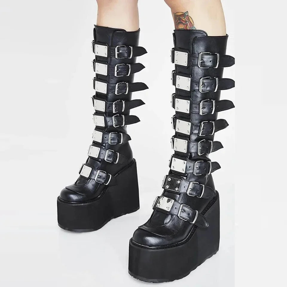 Manufacturer   Women Boots Cosplay Ladies High Heel Platform Wedges Women High Boots Gothic Buckle Strap Long Tube Leather Female Boots Plus Si   boots