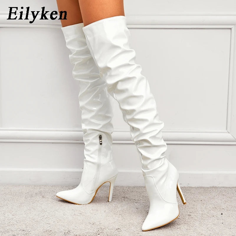 Manufacturer   Eilyken Red Women Over The Knee Boots High Heels Patent Leather Solid Pointed Toe Stiletto Side Zipper Sapatos Femininos   boots