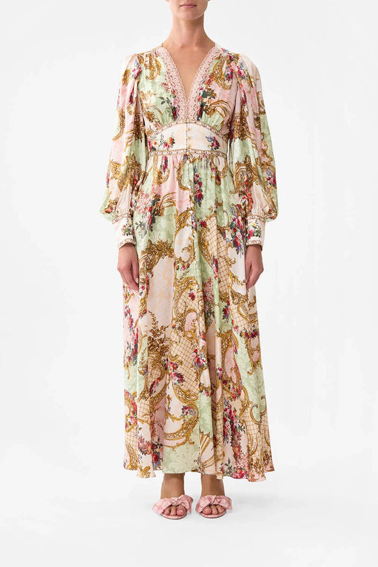 Women 100% Silk Lace Patchwork Crystal Beaded Waist Digital Retro Print V-Neck Long Sleeve Maxi Dress