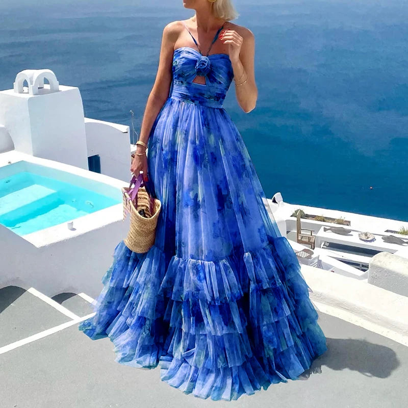 Women Fashion Hollow Off Shoulder Summer Dress Sexy Sleeveless Pleated Long Dress Elegant Halter Pattern Print Mesh Party Dress