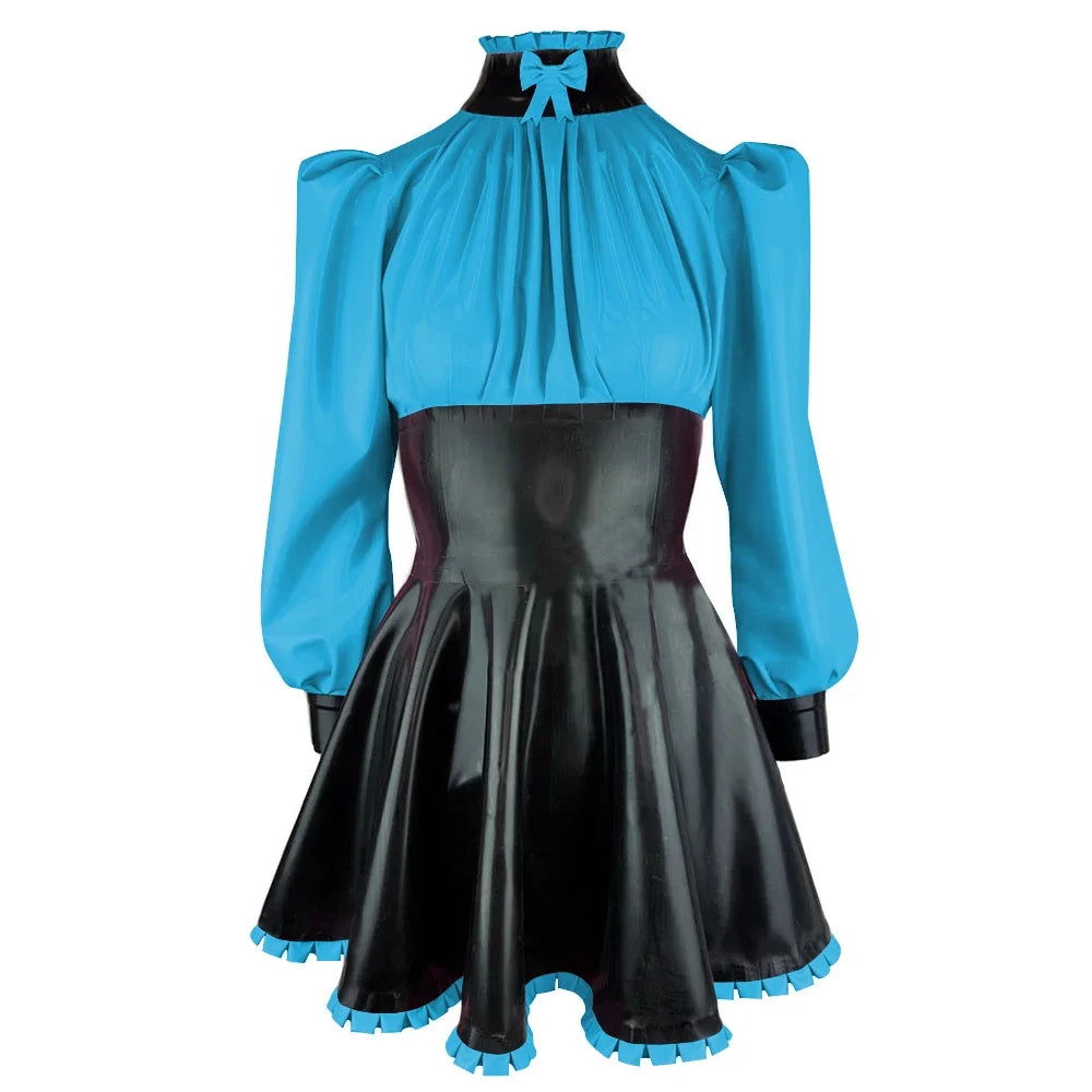 Plus Size High Neck Bow Patchwork Black Faux Latex Mini Dress Women Long Sleeves Slim Fit Ruffled A-line Dress Cocktail Gown