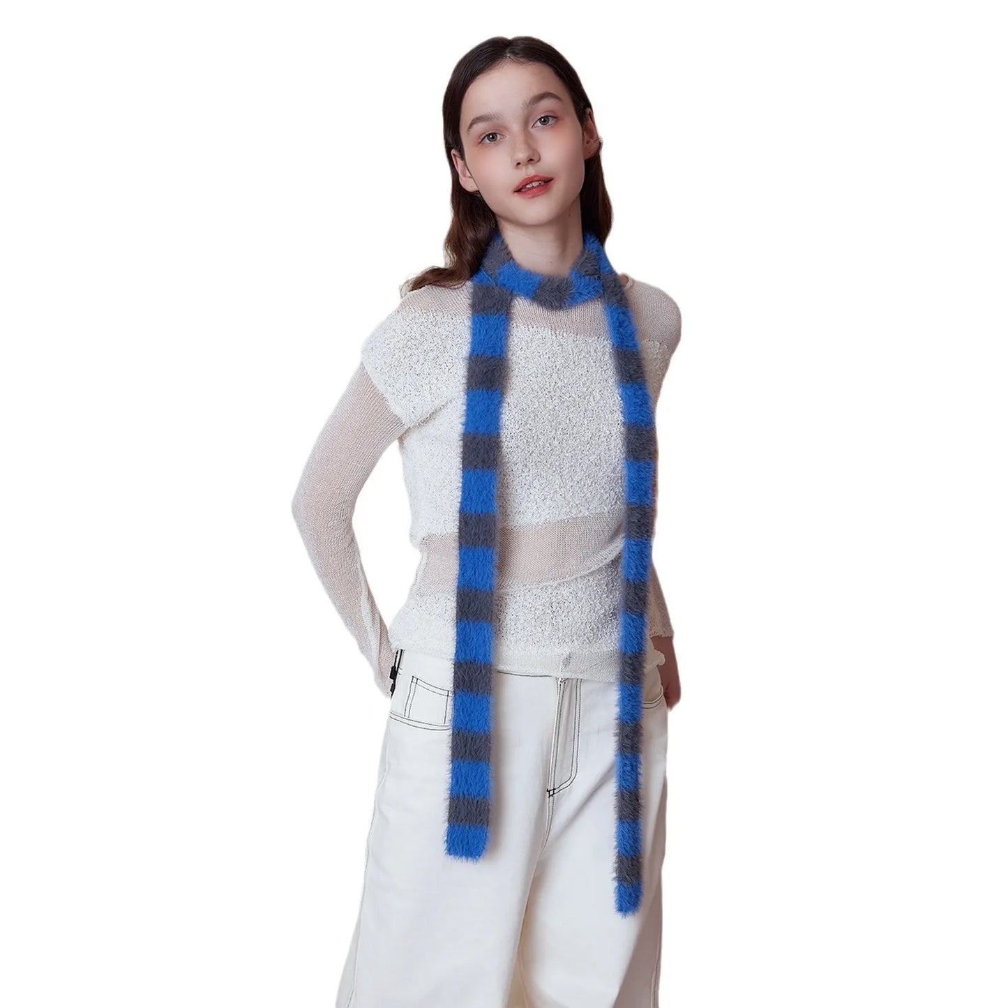 4.5cm*195cm Small Narrow Striped Scarf Y2K Style Women Knit Long Fluffy Scarf Black white Stripes