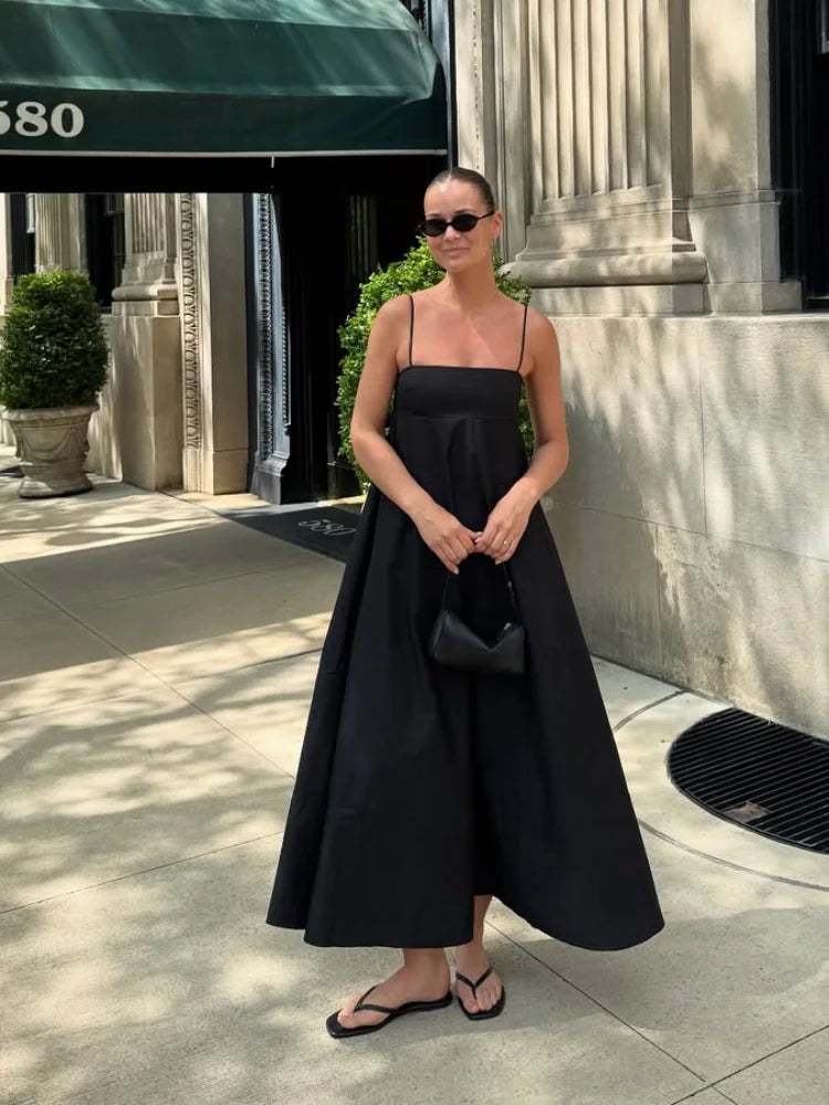 Black Backless Sling Long Dress Women Casual Loose Square Neck High Waist Vestidos  Chic Summer Lady Vacation Street Robe